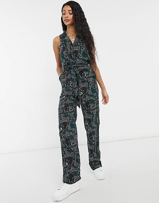 Monki Janelle belted sleeveless panther print jumpsuit in dark green