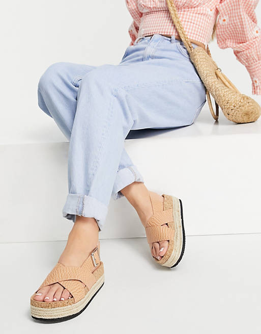 Monki Jannike faux croc flatform sandals in tan