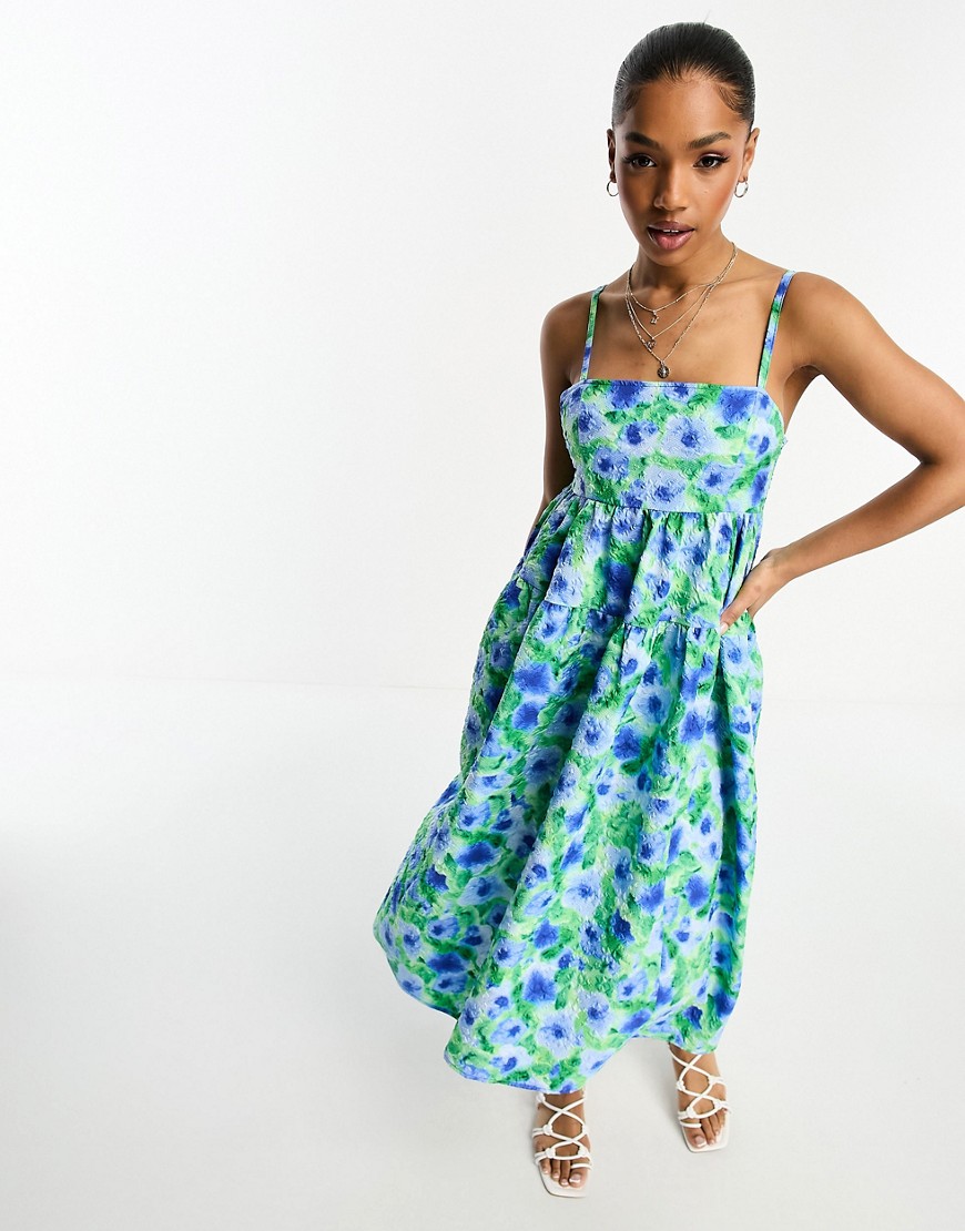 Monki jaquard seersucker cami midi dress in blue and green flower print-Multi