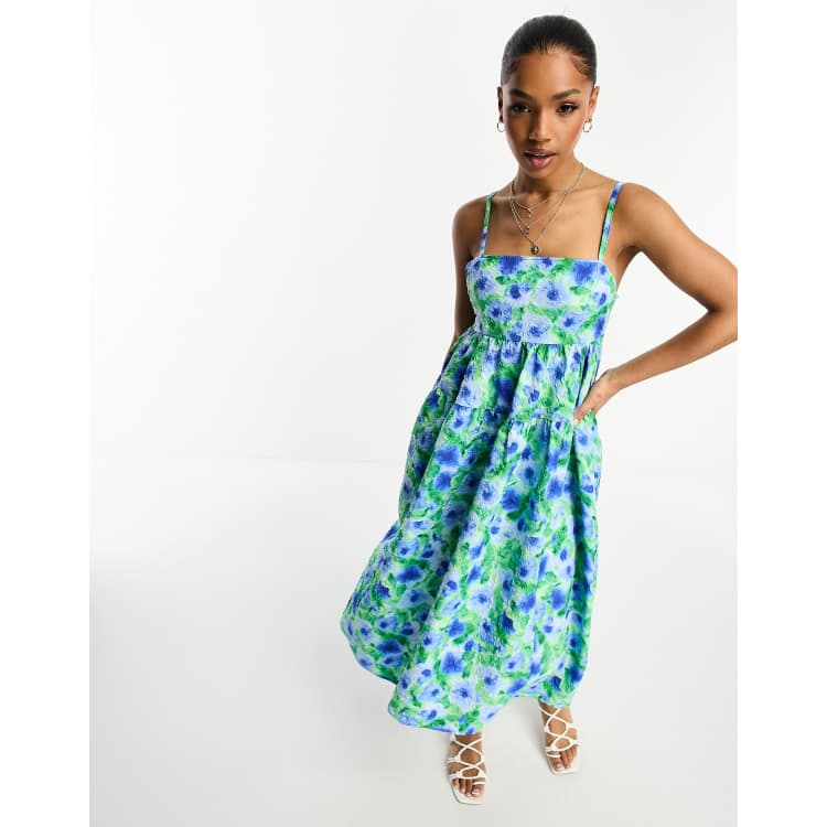 Monki jaquard seersucker cami midi dress in blue and green
