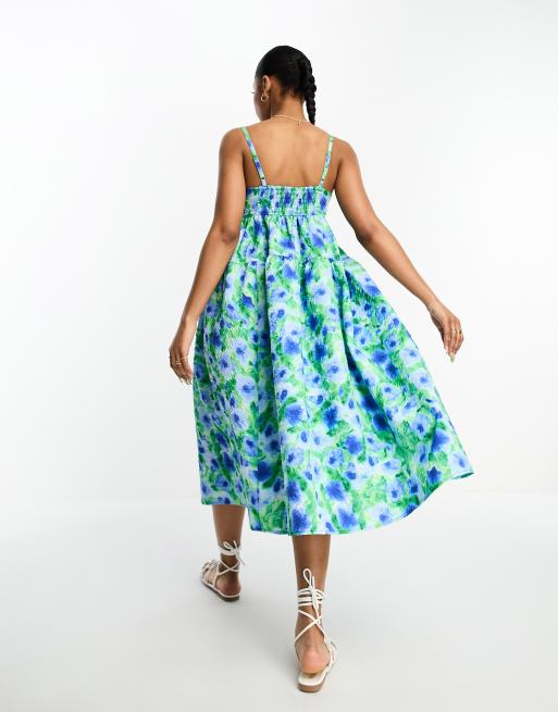 Monki jaquard seersucker cami midi dress in blue and green