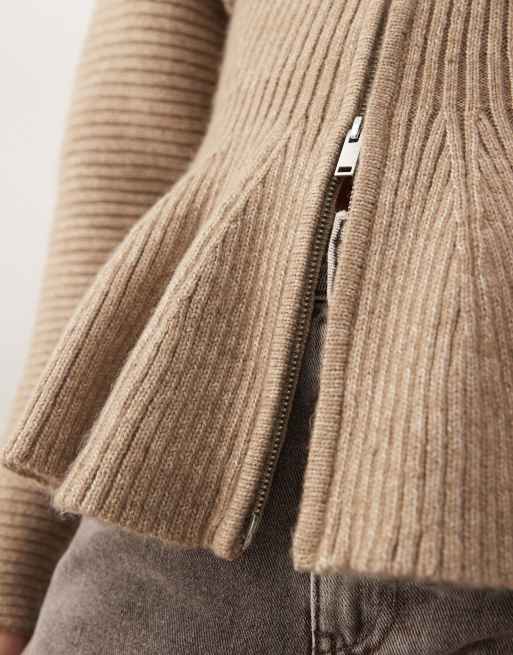 Monki – Jasnobrązowy kardigan z podwójnym suwakiem i baskinką, 3 z 4