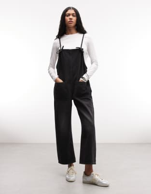 Jeans-Jumpsuit in schwarzer Waschung mit weitem Bein Schwarz L