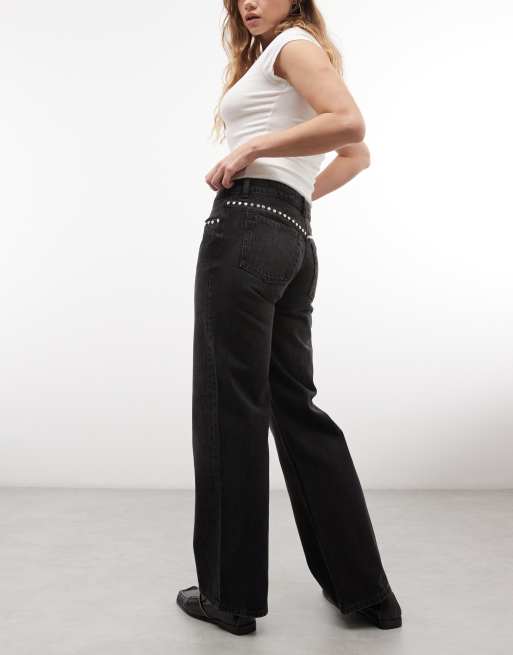 Monki jeans met rechte pijp, losse pasvorm en studs in zwarte wassing, 2 van 5