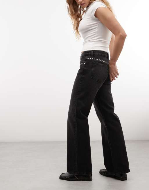 Monki jeans met rechte pijp, losse pasvorm en studs in zwarte wassing, 3 van 5