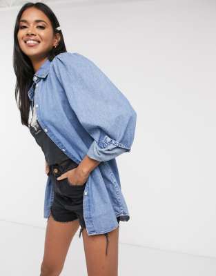 denim shirt puff sleeve