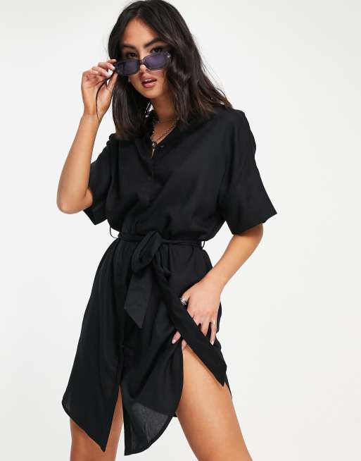 Monki Jenny belted mini shirt dress in black | ASOS