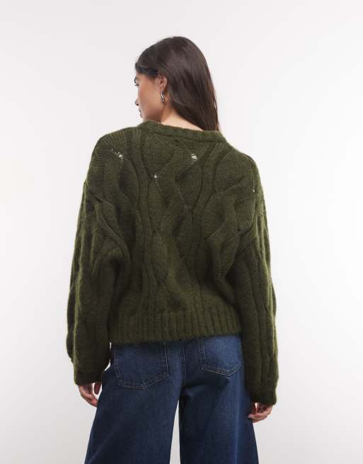 Monki jersey de punto de ochos de corte cuadrado en caqui, 4 de 4