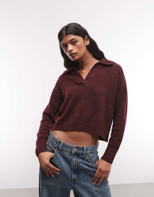 Monki jersey de punto tipo polo en burdeos, 1 de 4