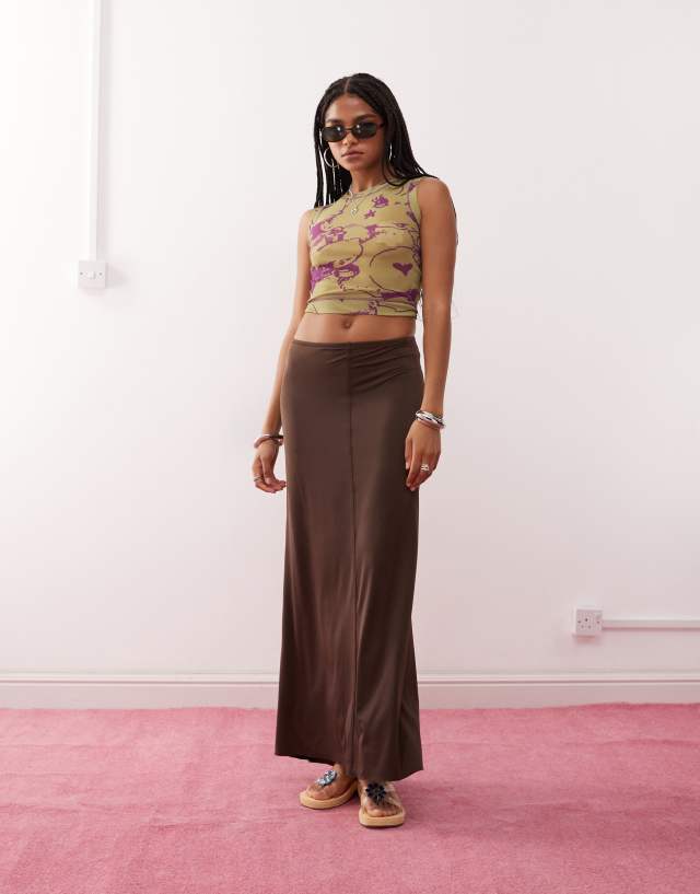 Monki jersey floaty maxi skirt in dark chocolate brown | ASOS