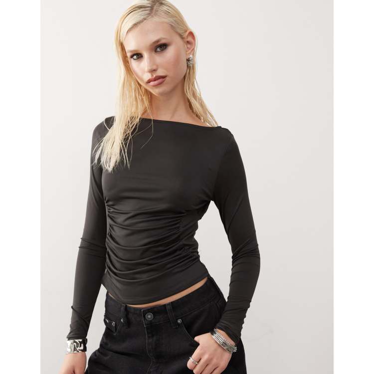 国産品 Monki jersey long sleeve top with ruche heart detail in トップス