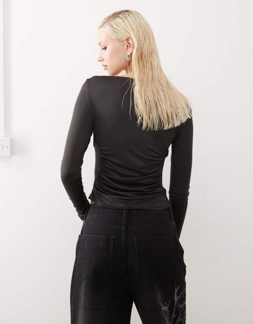 Monki jersey long sleeve top with ruche heart detail in black | ASOS