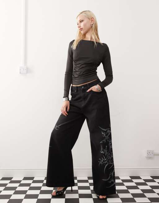 Monki jersey long sleeve top with ruched heart detail in black, 3 of 4