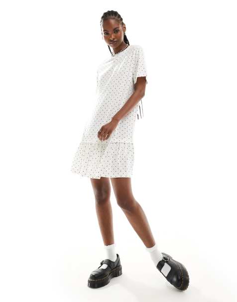 Monki jersey mini dress with drop waist in white and black polka dot print - view 1