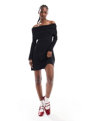Monki jersey mini dress with ruche off shoulder detail in black