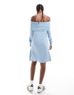 Monki jersey mini dress with ruched off shoulder detail in blue | ASOS