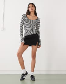 Monki long sleeve slim fit scoop neck t-shirt in black and off white stripe