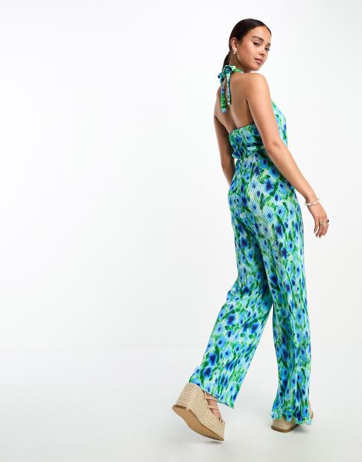 Green Plisse Tie Waist Halter Neck Jumpsuit