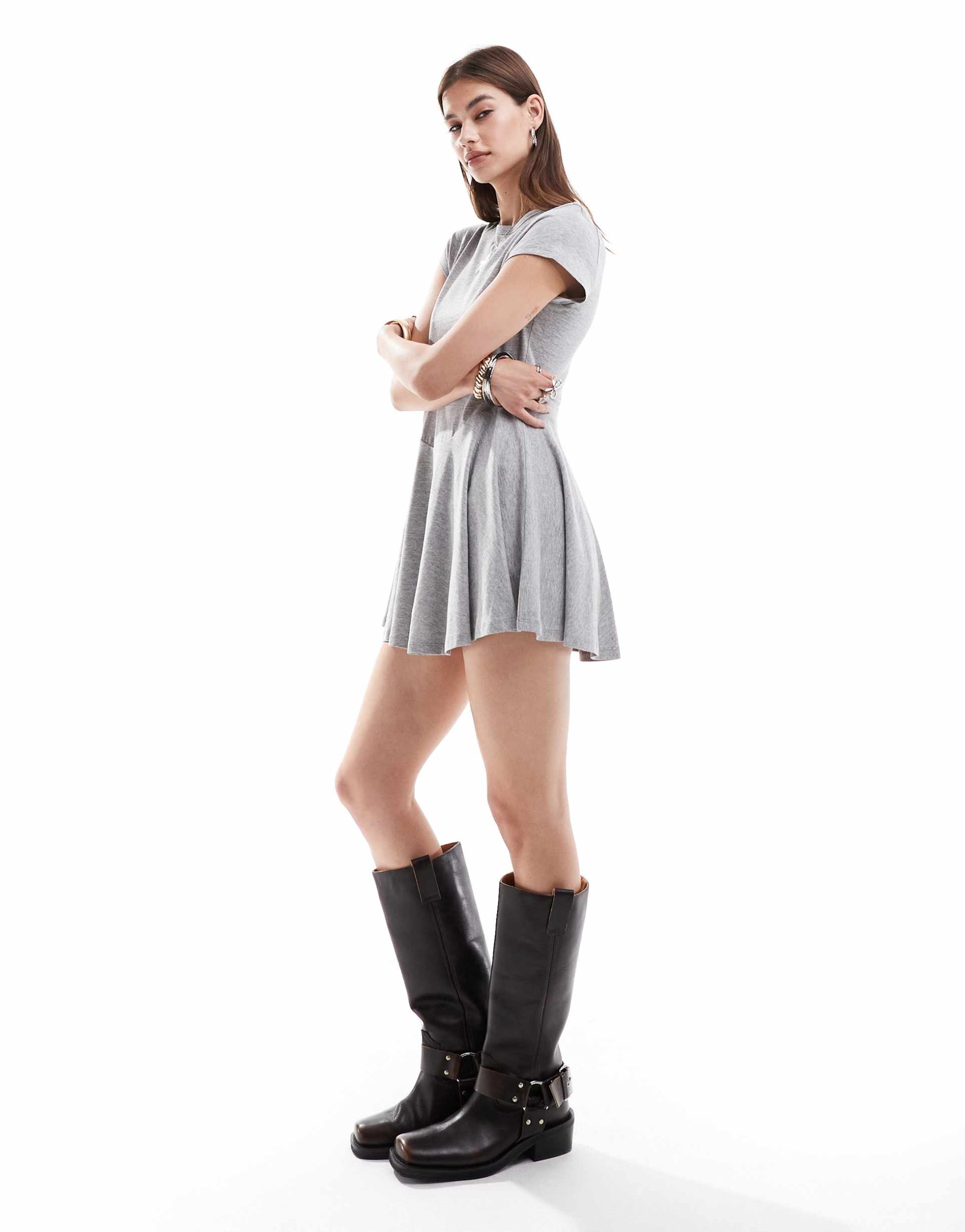 monki jersey short sleeve mini dress with a-line skirt in gray heather