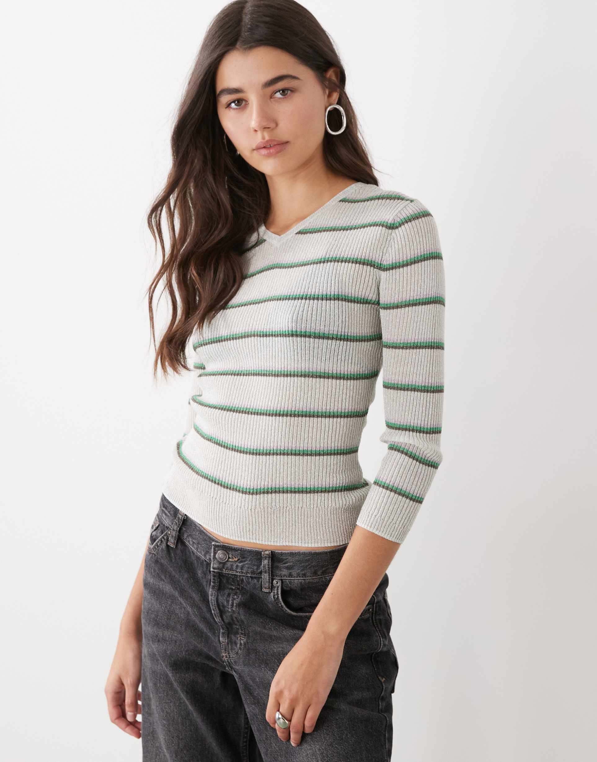 monki jersey v-neck top in green stripes