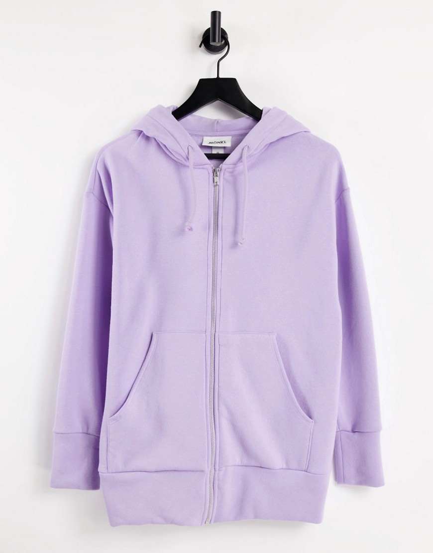 Monki Joa organic blend cotton zip front hoodie in lilac-Purple