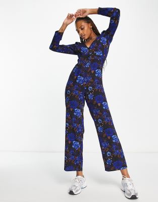 Monki Jumpsuit In Brown And Blue Rose Print-multi