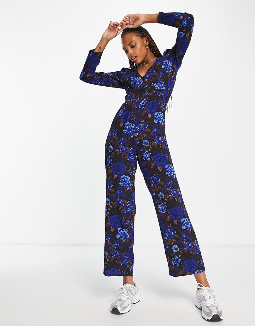 Monki jumpsuit in brown and blue rose print-Multi