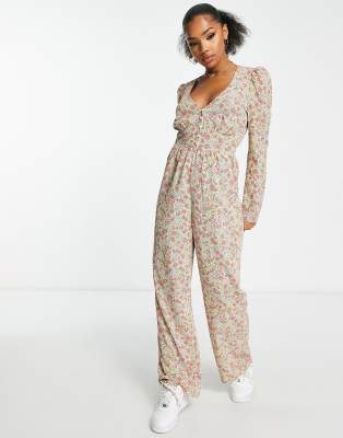 Monki Jumpsuit With Long Sleeves In All Over Print Floral-multi