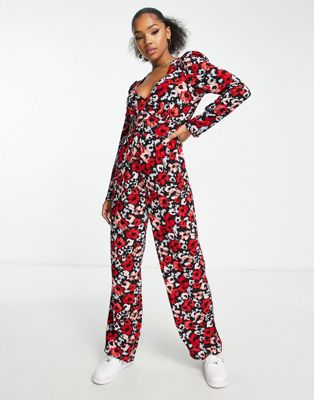 Monki Jumpsuit With Long Sleeves In Red All Over Print