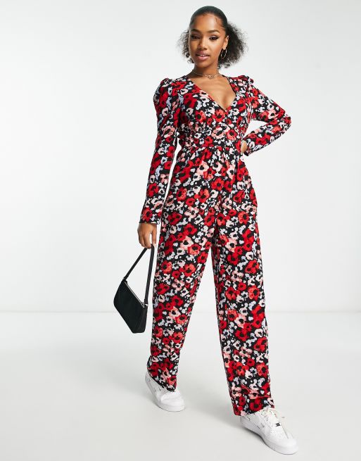 Red best sale jean jumpsuit