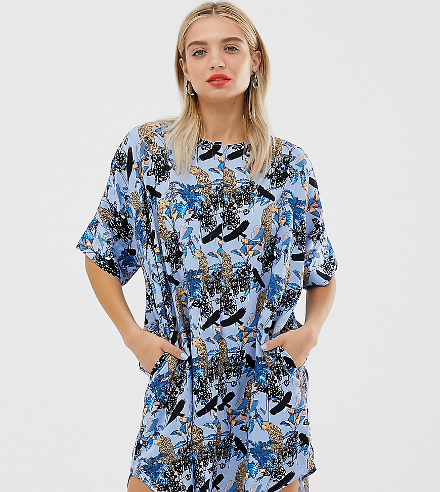 Monki jungle print oversized mini dress in blue