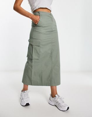 Monki cargo midi skirt with front pockets in khaki green - ASOS Price Checker