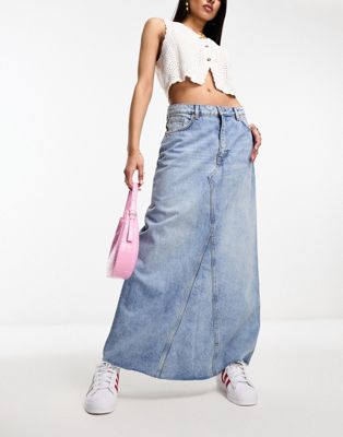 Monki denim maxi skirt with front split in blue - ASOS Price Checker