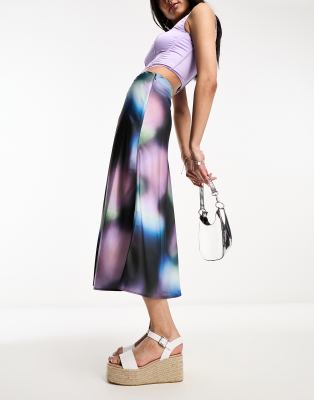 Monki midi skirt in purple multi blurred abstract print - ASOS Price Checker