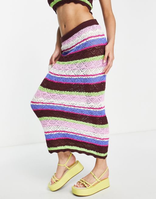Monki - Jupe mi-longue d'ensemble en maille crochetée - Rayures multicolores