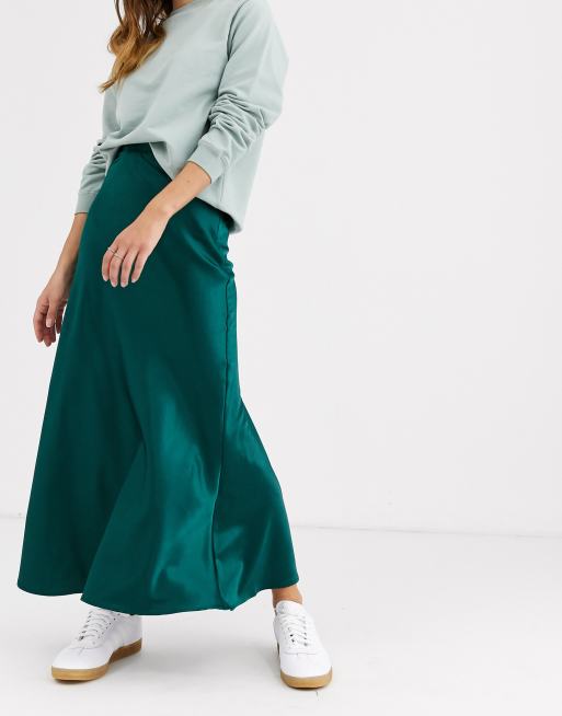 Monki Jupe mi longue en satin Vert fonc ASOS