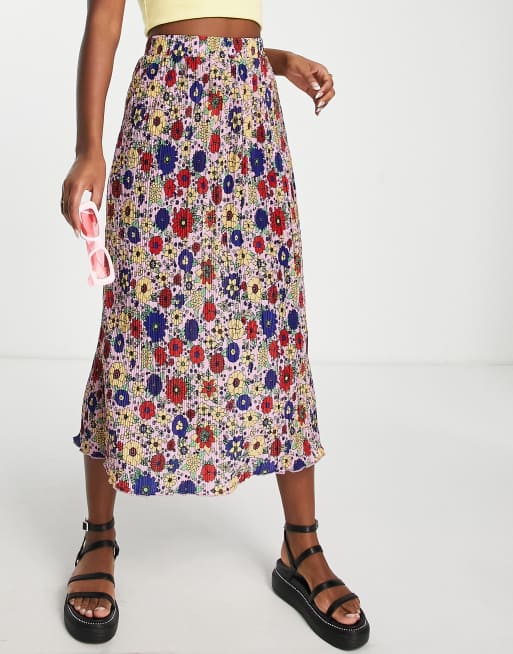 Monki - Jupe mi-longue plissée à imprimé fleuri rétro