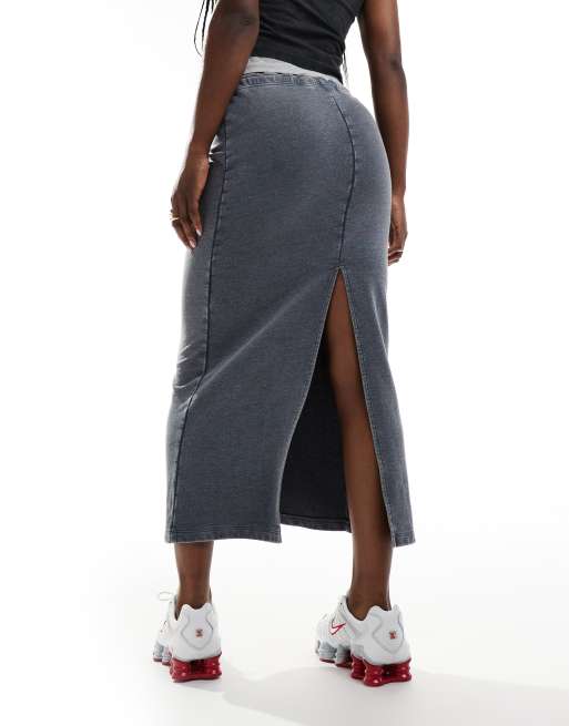 Monki Jupe mi longue style jogging fendue avec cordon de serrage a la taille Gris anthracite delave