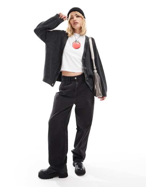 Monki - Kabelstrikket cardigan i sort i firkantet pasform