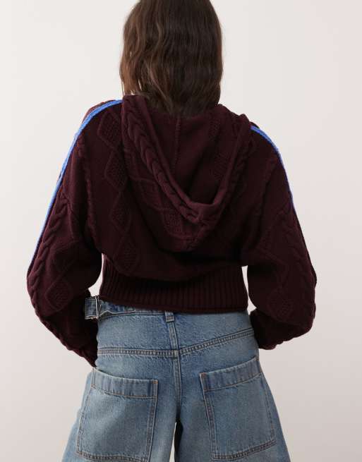 Monki - Kabelstrikket cardigan med hætte og dobbelt lynlåsdetalje i bordeaux og blå, 4 af 4