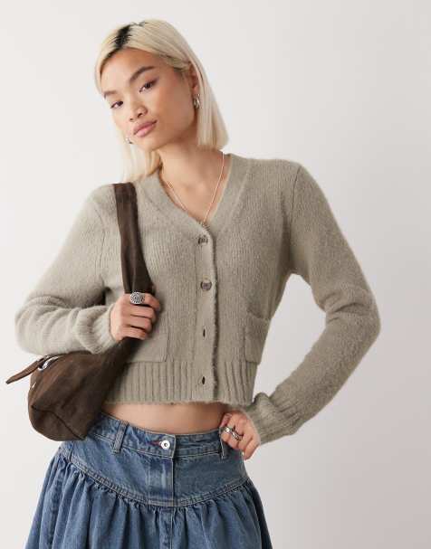 Monki - Kaki-farvet og cropped cardigan med forlommer - view 1