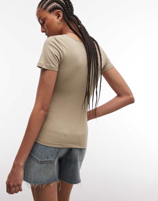 Monki - Kakigrøn T-shirt med V-hals i slim fit, 3 af 4