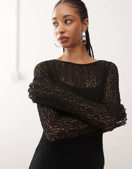 Monki - Kanten mini jurk met lange mouwen in zwart, 3 van 4