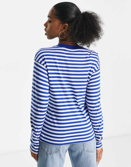 Monki - Katoenen gestreepte top met lange mouwen in blauw en wit , 4 van 4