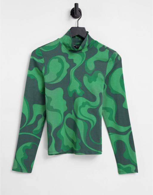 Monki - Katoenen top met hoge hals en wervelprint in groen - MGREEN