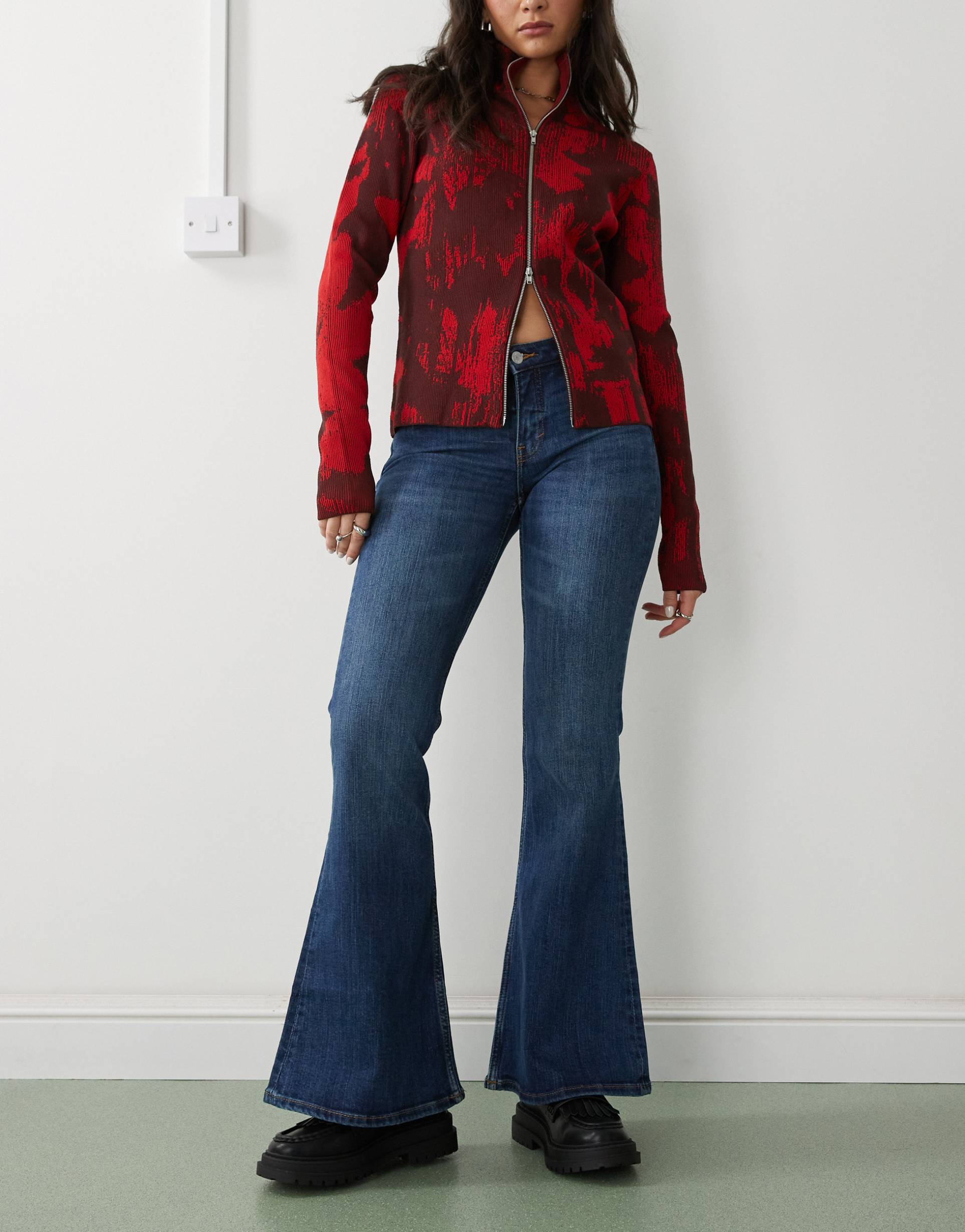 monki katsumi low waist boot cut flare jeans in dark ocean blue wash