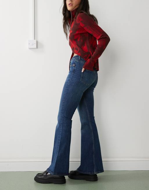Monki Katsumi low waist boot cut flare jeans in dark ocean blue wash
