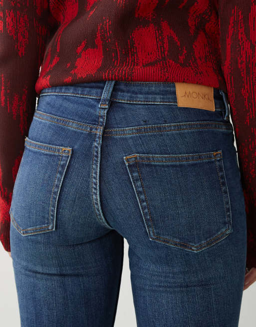 Monki Katsumi low waist boot cut flare jeans in dark ocean blue wash