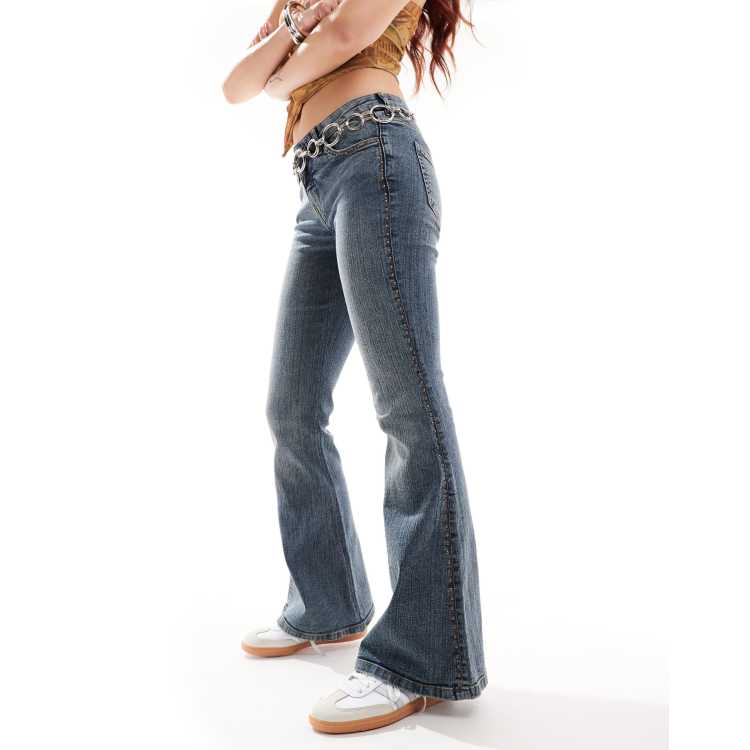 Monki Katsumi low waisted boot cut flare jeans with stud edging in