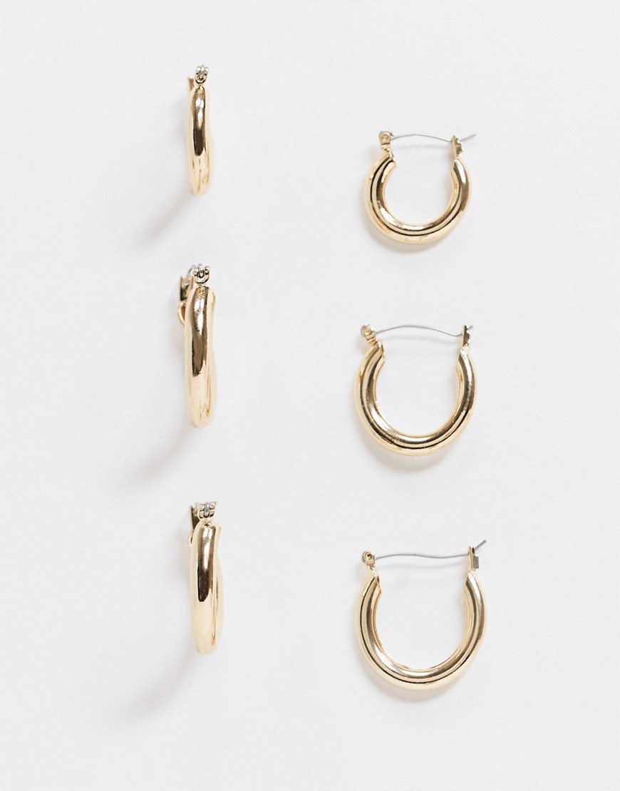 Monki Kayla 3 pack hoop earrings in gold